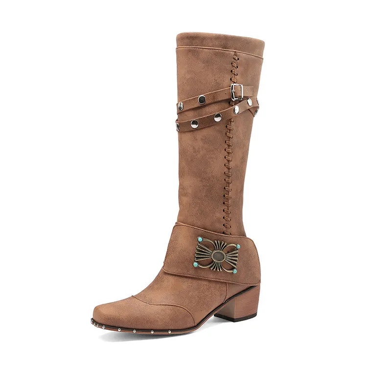 Women's Metal Rivets Puppy Heel Knee High Boots