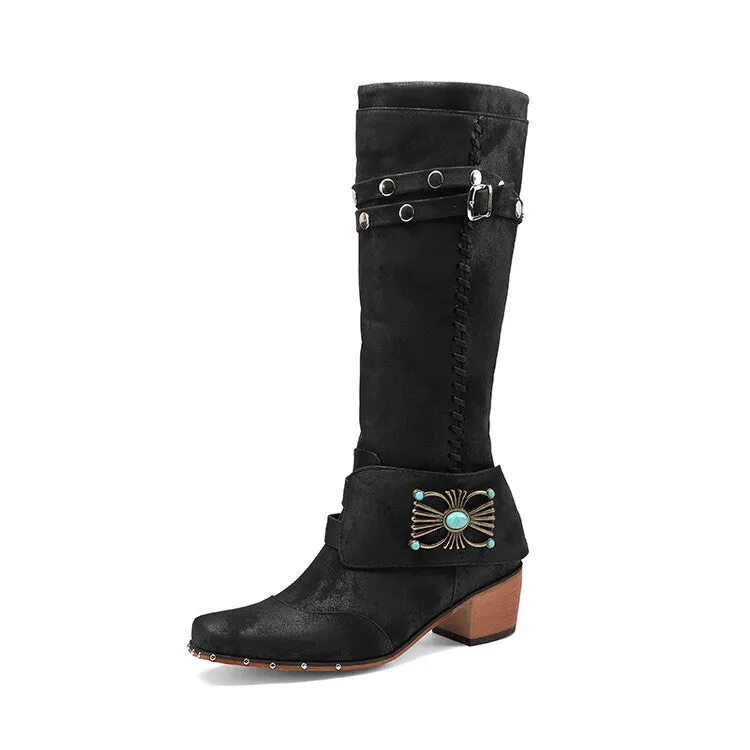 Women's Metal Rivets Puppy Heel Knee High Boots