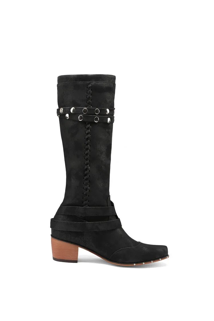 Women's Metal Rivets Puppy Heel Knee High Boots