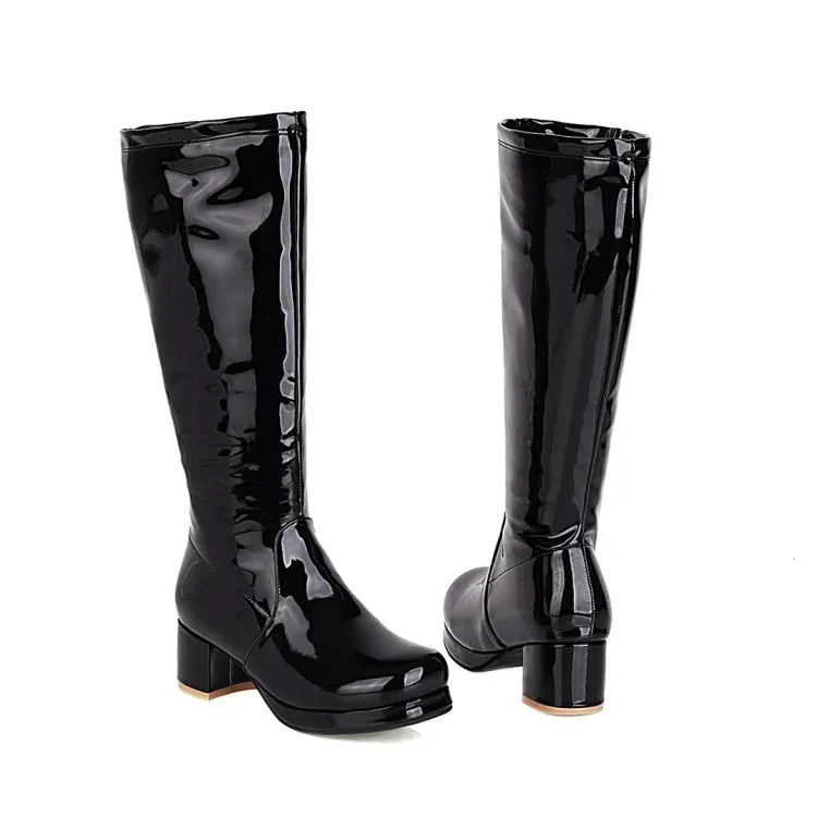 Womens' Patent Leather Block Heels Knee High Boots