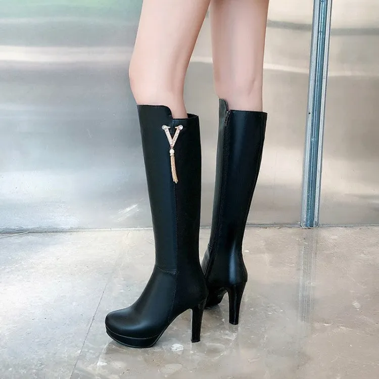 Women's Pearls Tassel Block Chunky Heel Platform Knee High Boots