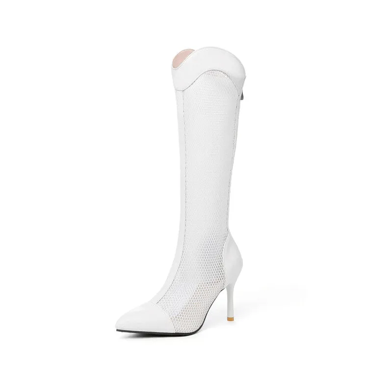 Women's Pointed Toe Mesh Stiletto Heel Knee High Boots