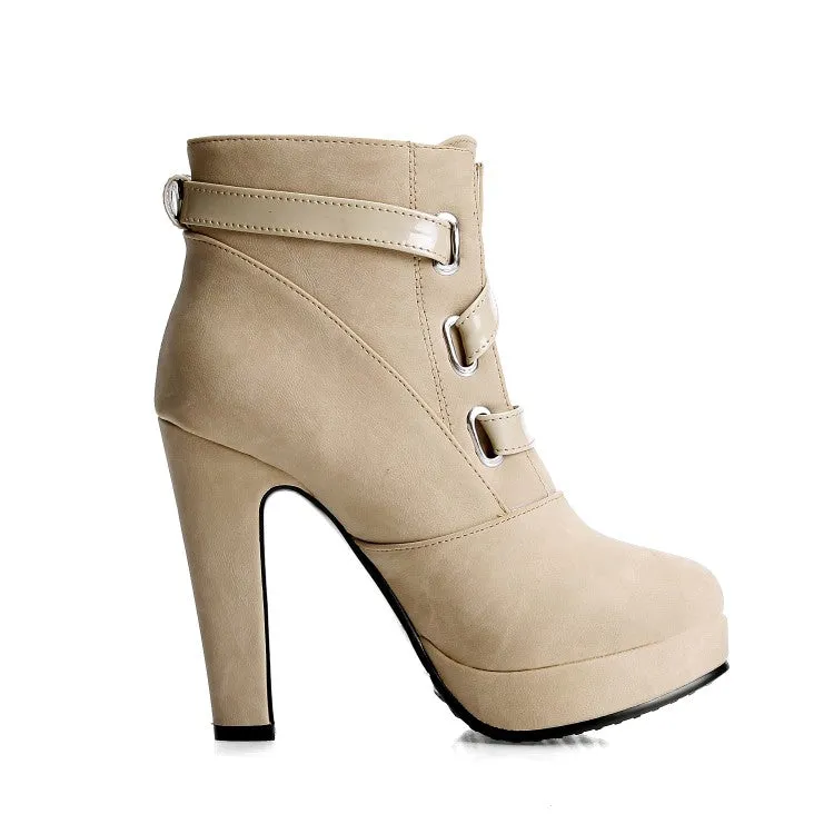 Women's Pu Leather Almond Toe Crossed Buckle Straps Block Chunky Heel Platform Short Boots