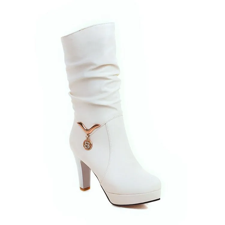 Women's Pu Leather Almond Toe Metal Rhinestone Pendants Block Chunky Heel Platform Mid Calf Boots