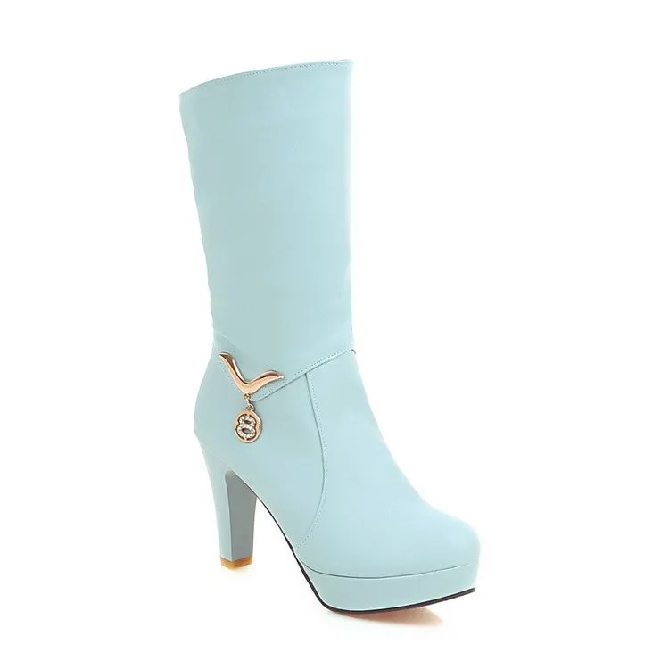 Women's Pu Leather Almond Toe Metal Rhinestone Pendants Block Chunky Heel Platform Mid Calf Boots