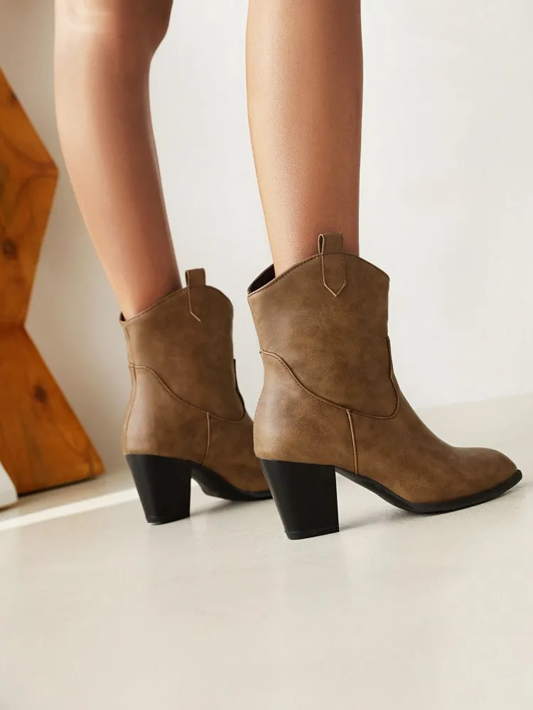 Women's Pu Leather Pointed Toe Stitch Block Chunky Heel Ankle Boots