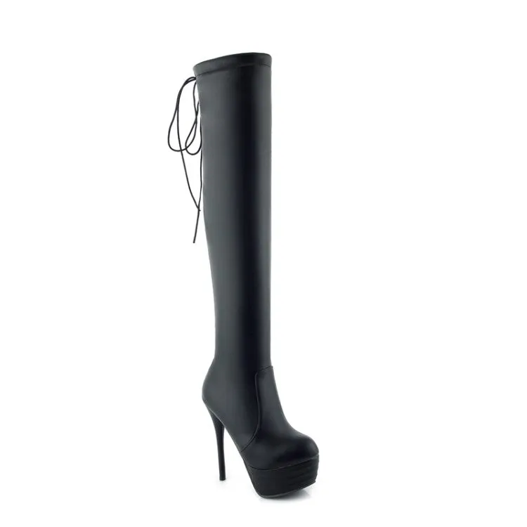 Women's Pu Leather Round Toe Back Tied Straps Stiletto Heel Platform Over-The-Knee Boots