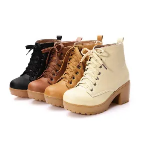 Women's Pu Leather Round Toe Lace Up Block Chunky Heel Platform Ankle Boots