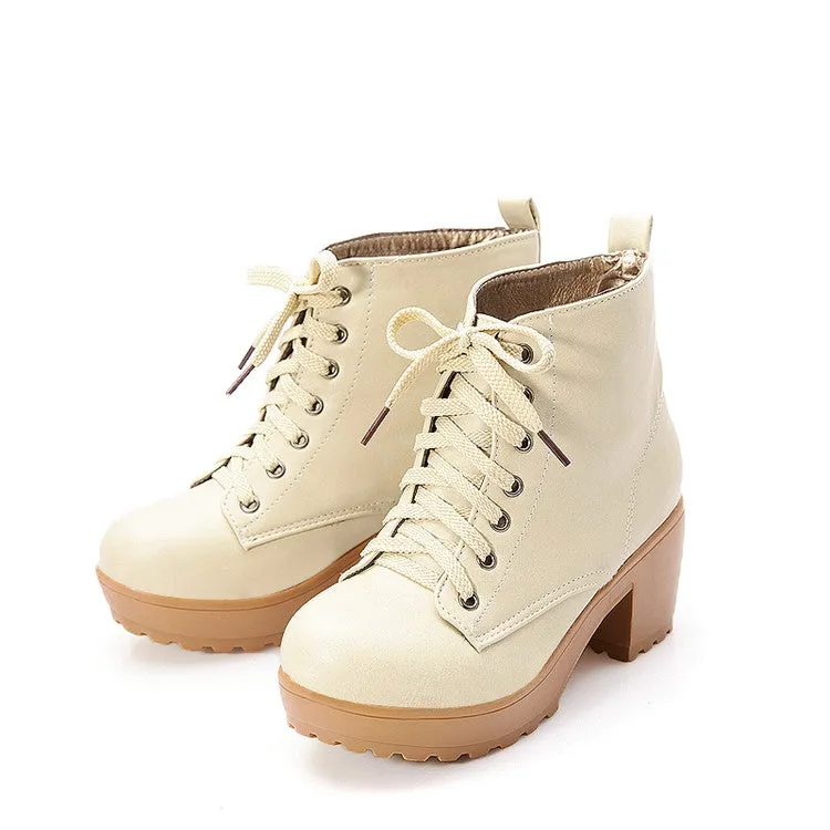 Women's Pu Leather Round Toe Lace Up Block Chunky Heel Platform Ankle Boots