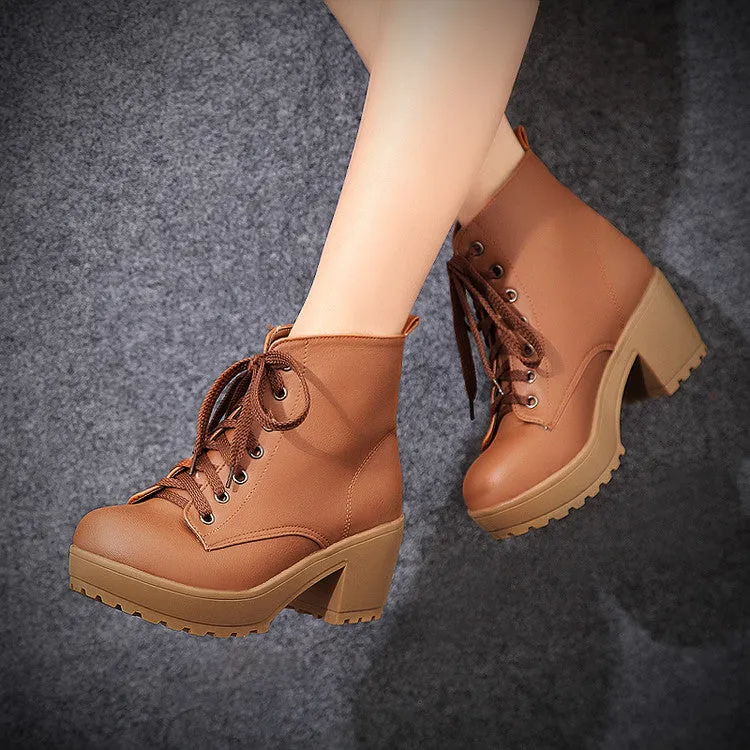 Women's Pu Leather Round Toe Lace Up Block Chunky Heel Platform Ankle Boots