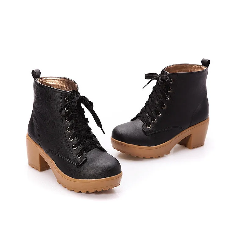 Women's Pu Leather Round Toe Lace Up Block Chunky Heel Platform Ankle Boots