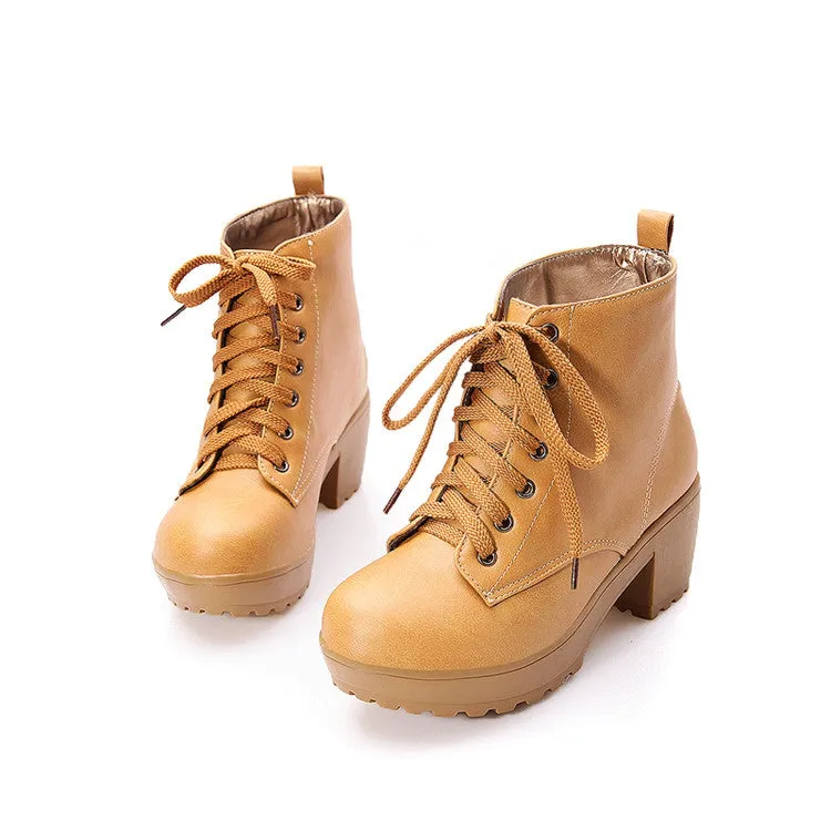 Women's Pu Leather Round Toe Lace Up Block Chunky Heel Platform Ankle Boots