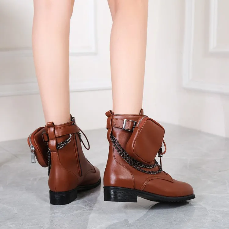 Women's Pu Leather Round Toe Metal Chains Lace Up Zippers Pocket Block Chunky Heel Ankle Boots