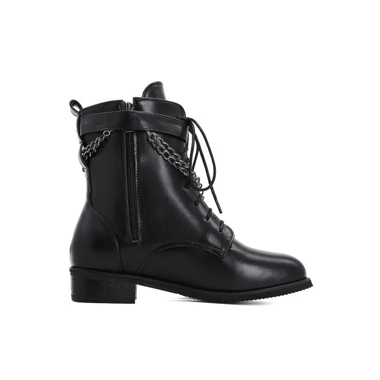 Women's Pu Leather Round Toe Metal Chains Lace Up Zippers Pocket Block Chunky Heel Ankle Boots