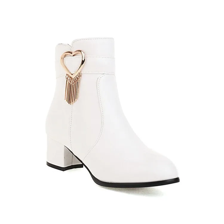 Women's Pu Leather Side Zippers Love Hearts Buckle Straps Tassel Block Chunky Heel Short Boots