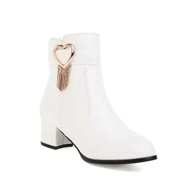 Women's Pu Leather Side Zippers Love Hearts Buckle Straps Tassel Block Chunky Heel Short Boots