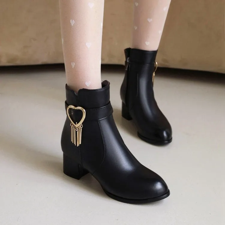 Women's Pu Leather Side Zippers Love Hearts Buckle Straps Tassel Block Chunky Heel Short Boots