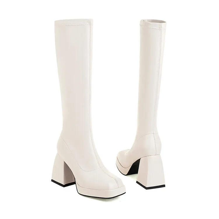 Women's Pu Leather Square Toe Block Chunky Heel Platform Knee High Boots