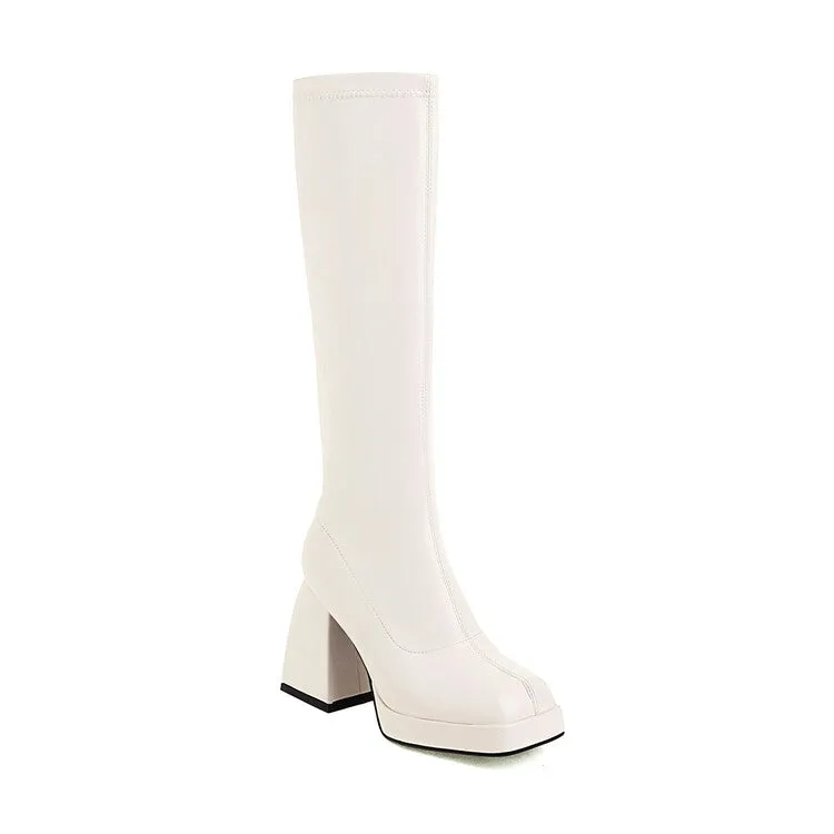 Women's Pu Leather Square Toe Block Chunky Heel Platform Knee High Boots