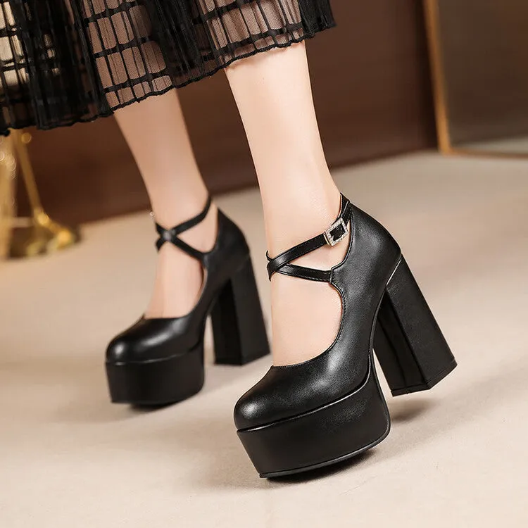 Women's Round Toe Ankle Strap Platform Chunky Heel Pumps