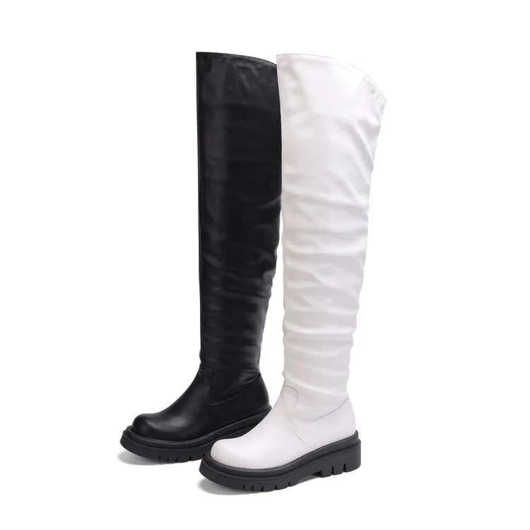 Women's Round Toe Platform Wrinkled Over the Knee Boots