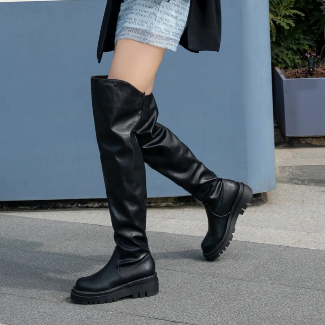 Women's Round Toe Platform Wrinkled Over the Knee Boots