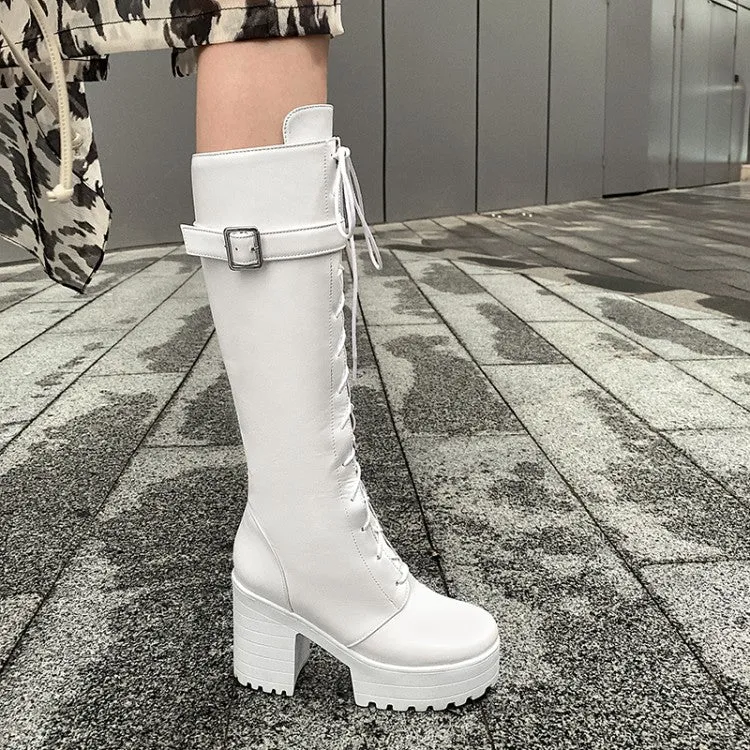 Women's Round Toe Side Zippers Buckle Straps Block Chunky Heel Platform Tall Boots