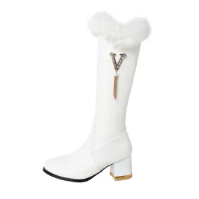 Women's Round Toe Side Zippers Fur Block Chunky Heel Knee-High Boots