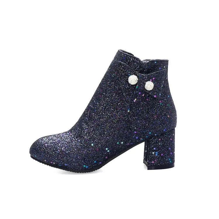 Women's Sparkling Sequins Round Toe Bow Tie Side Zippers Block Chunky Heel Short Boots