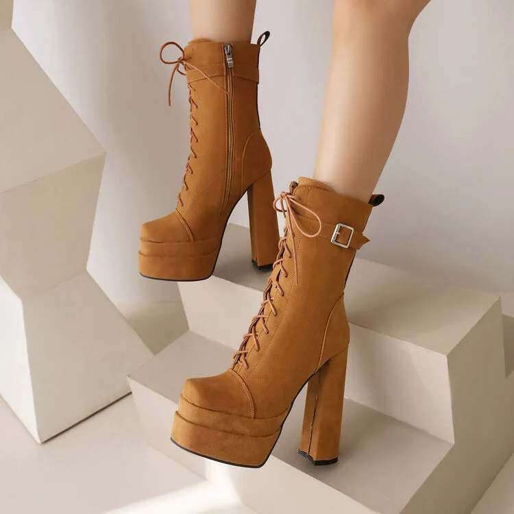 Women's Square Toe Lace Up Buckle Straps Block Chunky Heel Platform Side Zippers Short Boots