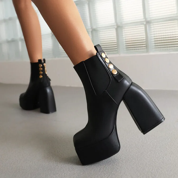 Women's Square Toe Rivets Block Chunky Heel Platform Ankle Boots