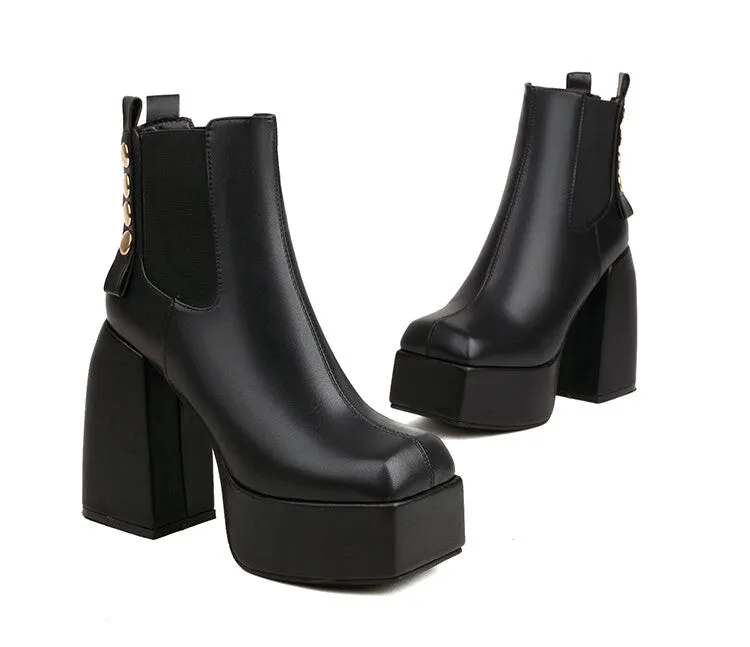 Women's Square Toe Rivets Block Chunky Heel Platform Ankle Boots