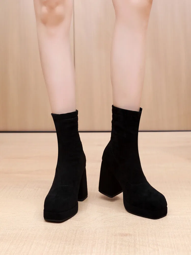 Women's Square Toe Velvet Block Chunky Heel Platform Short Boots