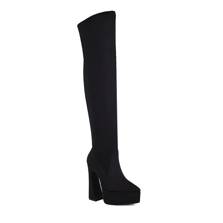 Women's Stretch Pointed Toe Spool Heel Platform Over the Knee Boots